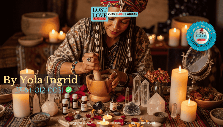 Lady Yola Ingrid blending rose petals, crystals, and oils on a candle-lit altar for love magic.