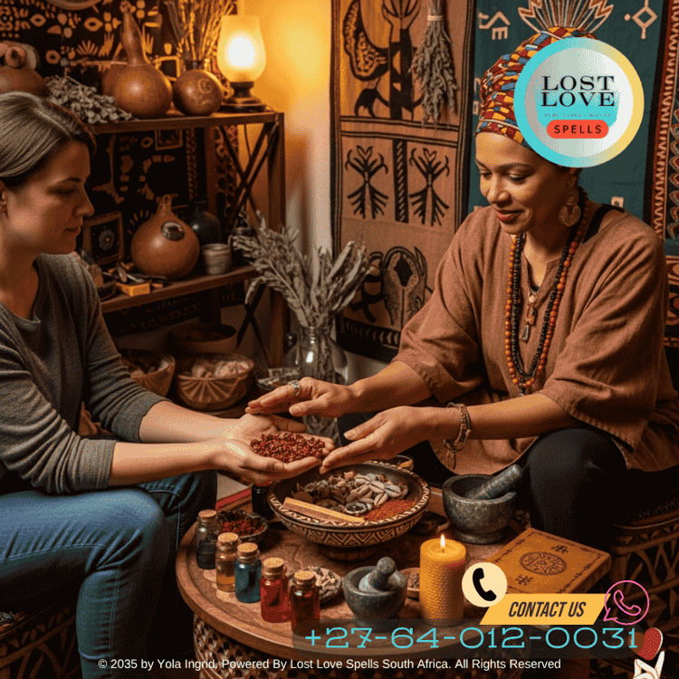 Lady Yola Ingrid guiding a client through the steps of casting a love spell.