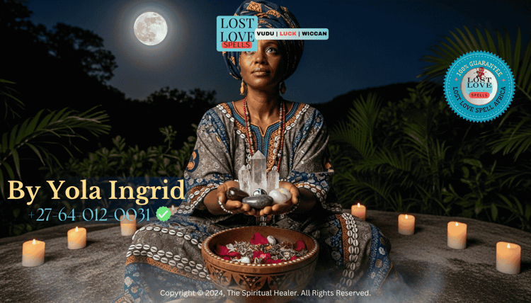 Lady Yola Ingrid holding charged crystals and stones under moonlight during a love ceremony.
