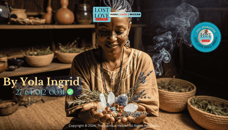Lady Yola Ingrid holding ethically sourced crystals and herbs for love rituals.
