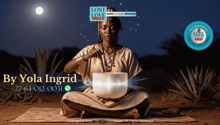 Lady Yola Ingrid meditating under moonlight while playing a crystal singing bowl tuned to 528Hz.
