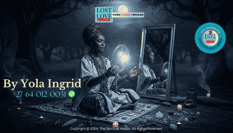 Lady Yola Ingrid performing mirror magic under full moonlight, guiding energy through reflection.