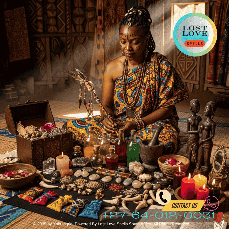 Lady Yola Ingrid preparing magical tools and charms for a personalized love ritual.