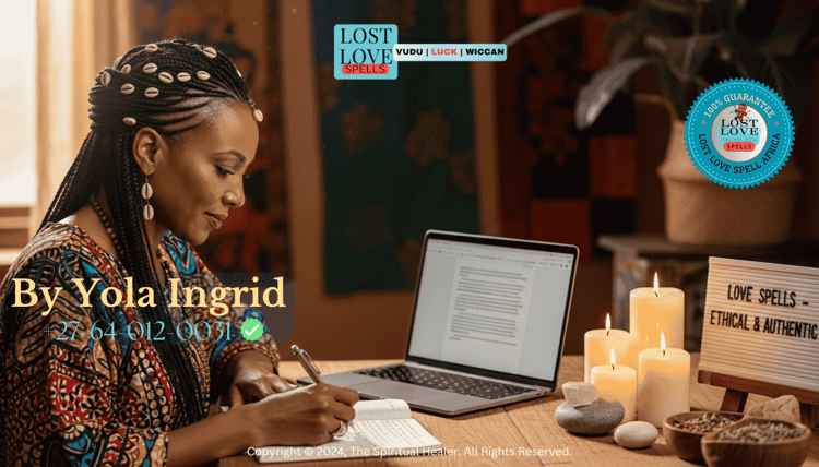 Lady Yola Ingrid writing an ethical marketing message for her love spell services with candles and laptop.