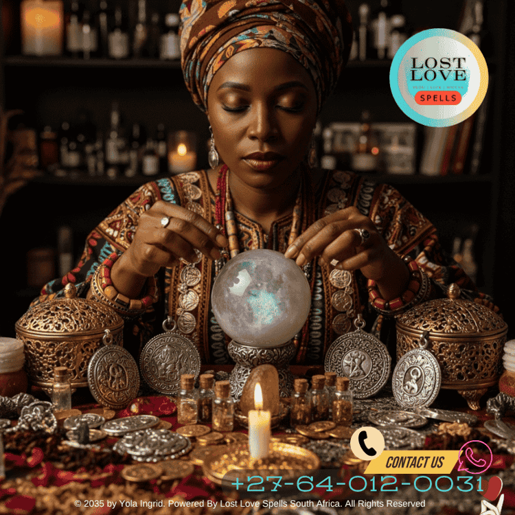 Lady Yola Ingrid’s altar with gold, silver, and moonstone elements arranged for a full moon love spell.