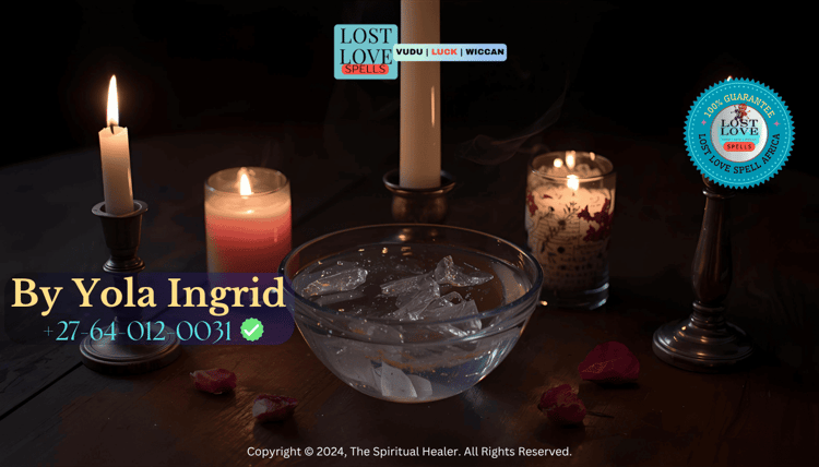 Love spell altar with four elemental symbols — candle, bowl of water, crystal, and incense.