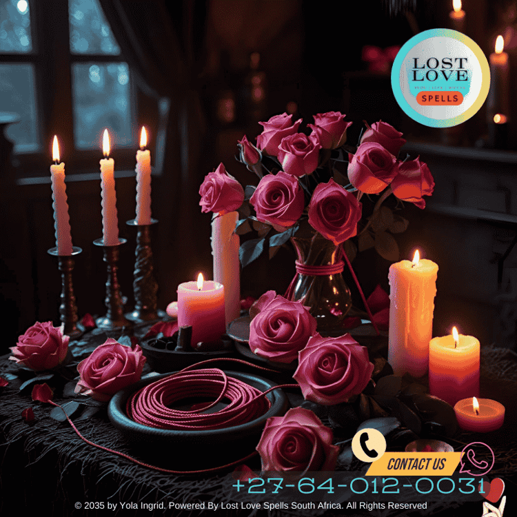 Love spell altar with roses, candles, and cord