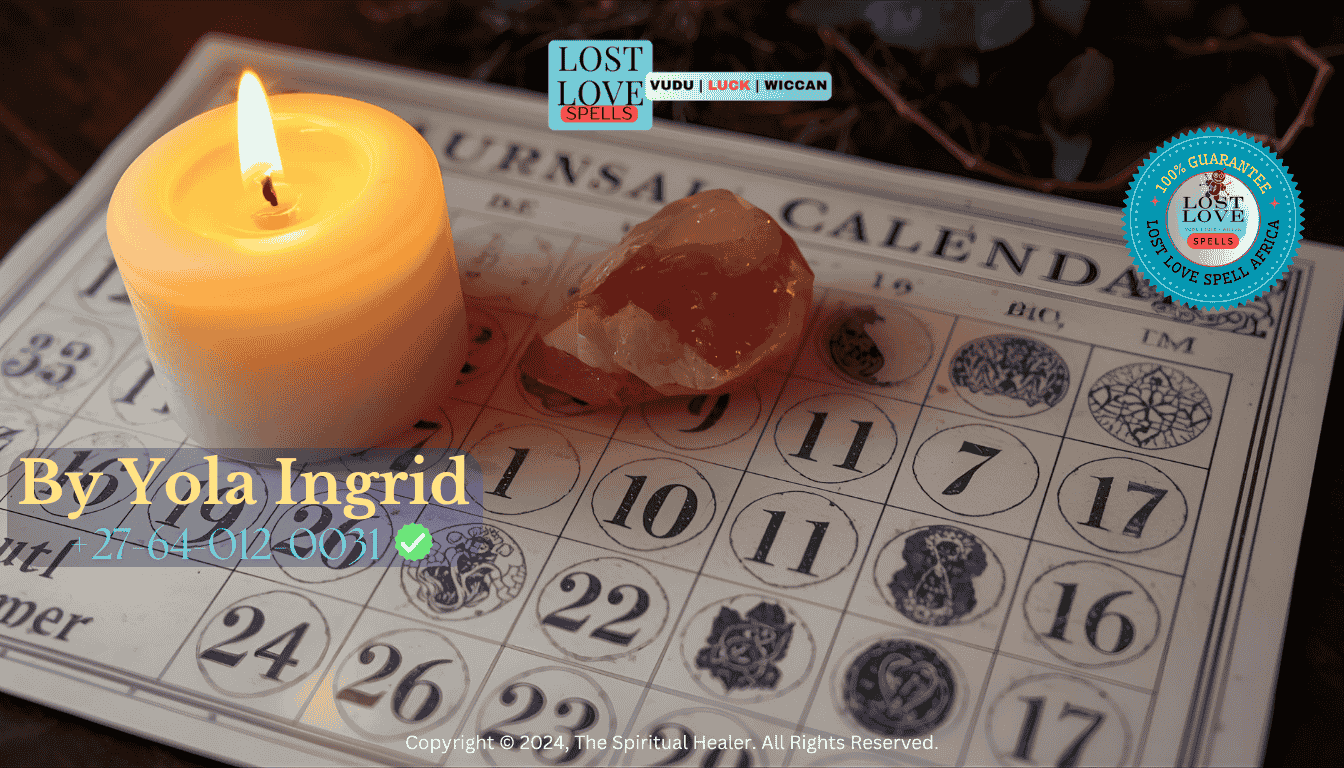 Lunar calendar with candle and rose quartz for perfect spell timing in love magic.