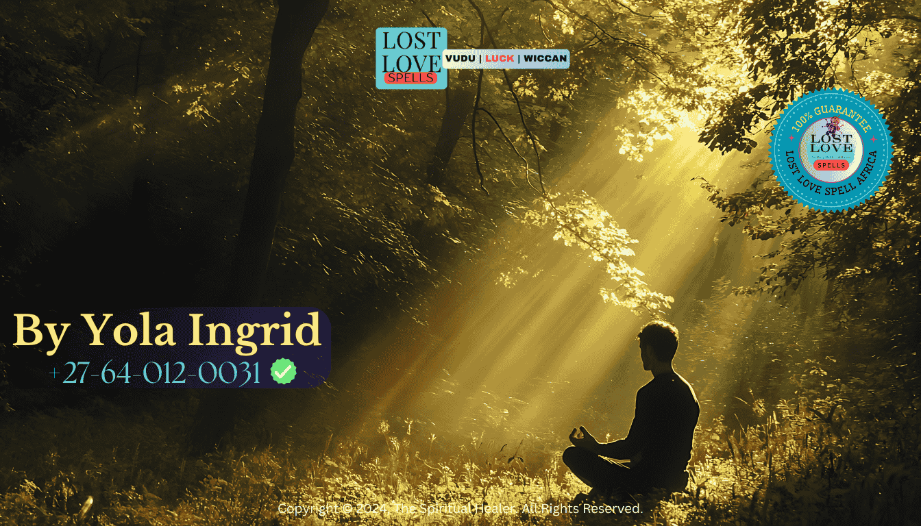 Man meditating in a softly lit forest, representing energy balance and personal transformation through spell energy.