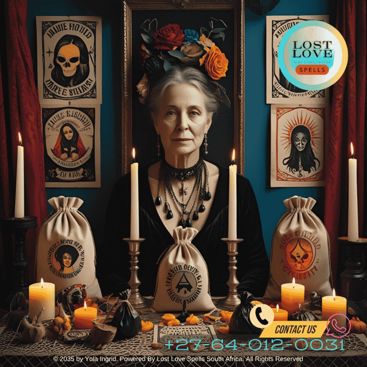 Marie Laveau style altar with charm bags, candles, and voodoo spirit imagery