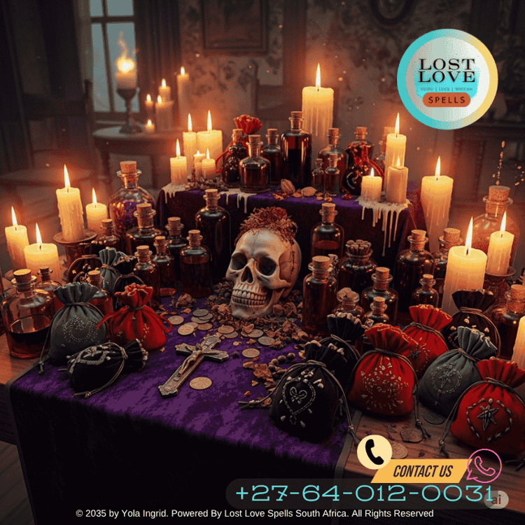 Marie Laveau’s voodoo altar with candles, oils, and charm bags