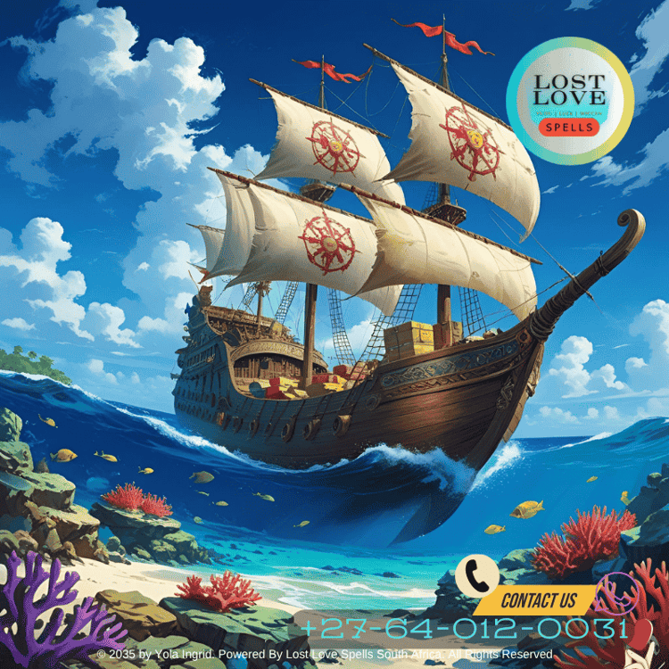 Medieval ship carrying goods and magical scrolls across the Indian Ocean
