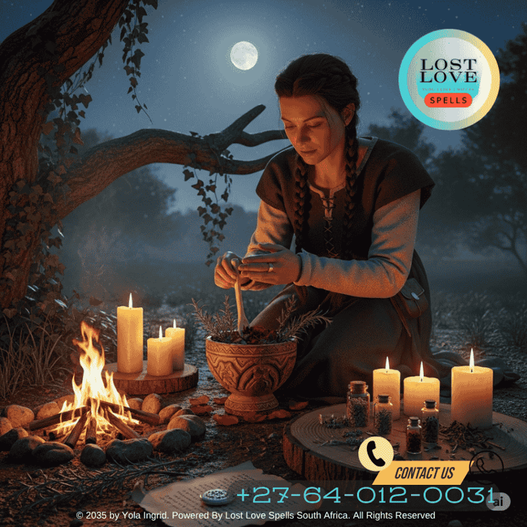 Medieval woman performing love spell under a full moon with herbs and candles