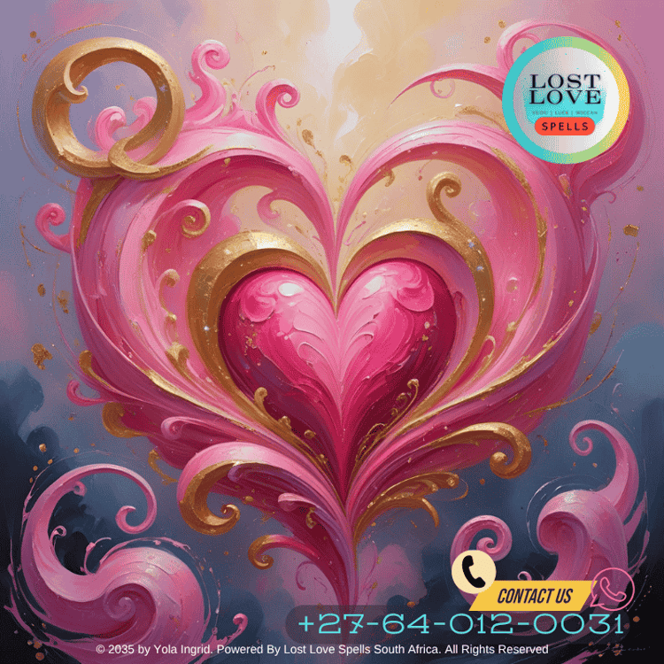 Modern artist’s depiction of love spell symbols in abstract pink and gold forms