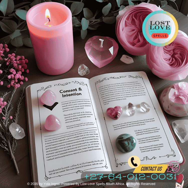 Modern ethical love spell altar with pink candle, rose quartz, open journal titled “Consent & Intention”