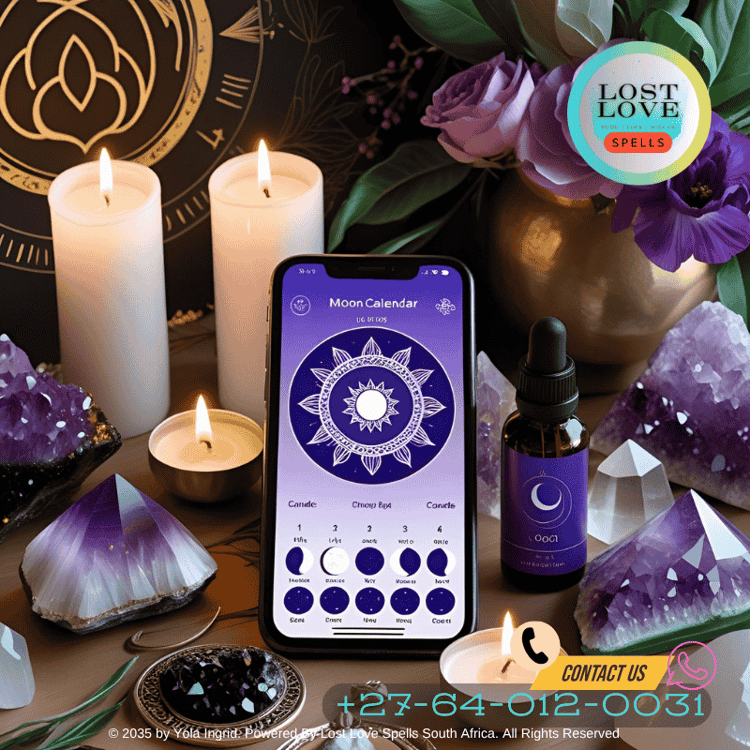 Modern love altar with crystals, candles, scented oils, and a moon calendar app open on a phone (1)