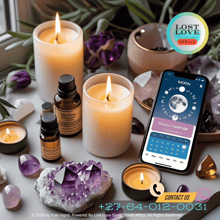Modern love altar with crystals, candles, scented oils, and a moon calendar app open on a phone (2)