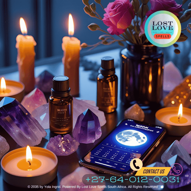Modern love altar with crystals, candles, scented oils, and a moon calendar app open on a phone