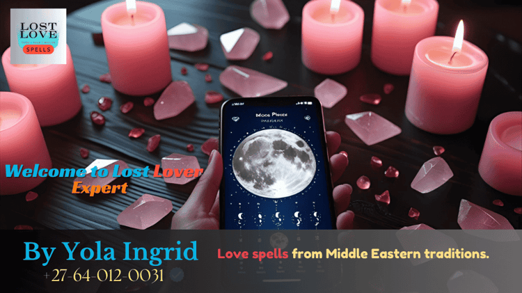 Modern love spell altar with pink candles, rose quartz, and a smartphone showing moon phase app