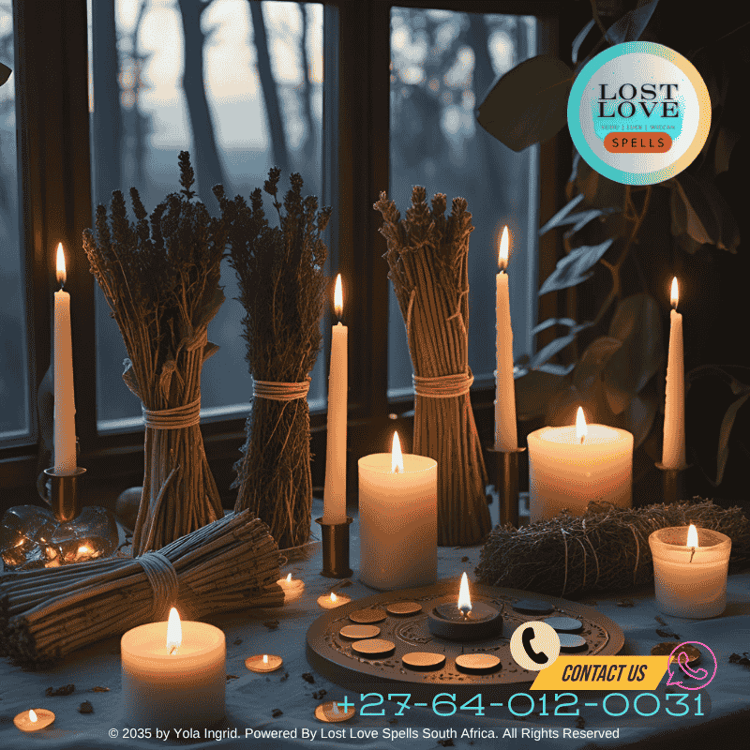 Modern ritual altar with candles, herb bundles, and moon-phase chart in soft candlelight (1)