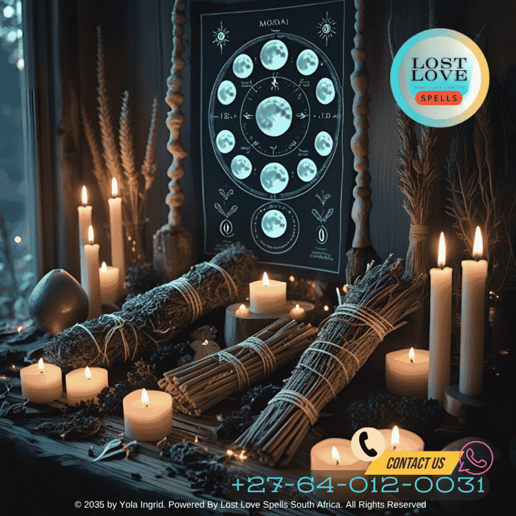 Modern ritual altar with candles, herb bundles, and moon-phase chart in soft candlelight