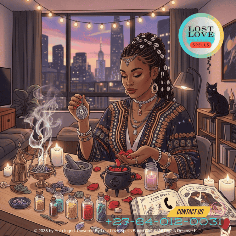 Modern urban witch preparing a love spell in a city apartment