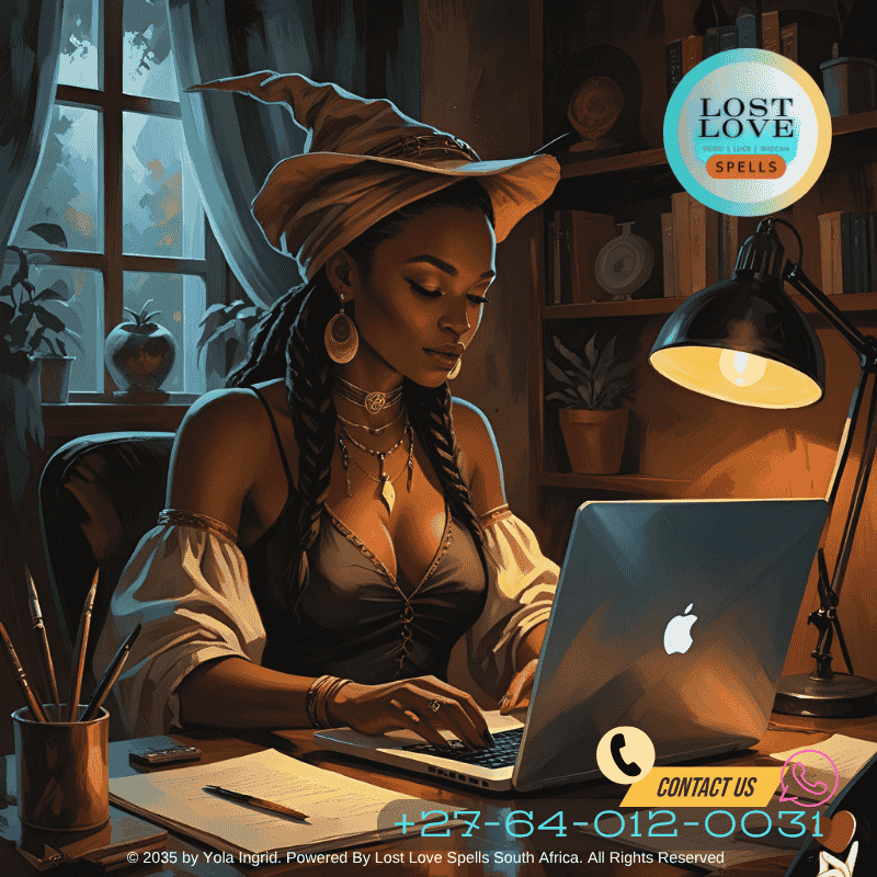 Modern witch casting a love spell on a laptop for a remote client (2)
