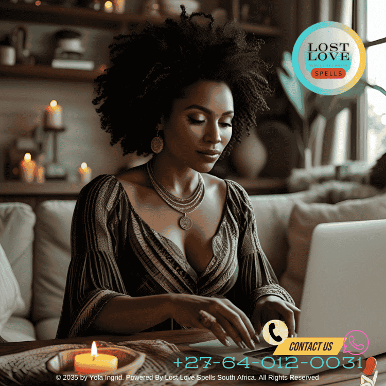 Modern witch casting a love spell on a laptop for a remote client