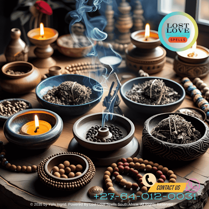 Multi-cultural ritual altar with incense burners, herb bundles, mantra beads from different traditions