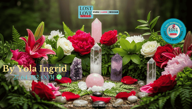 Nature elements — flowers, leaves, and crystals — in a love ritual