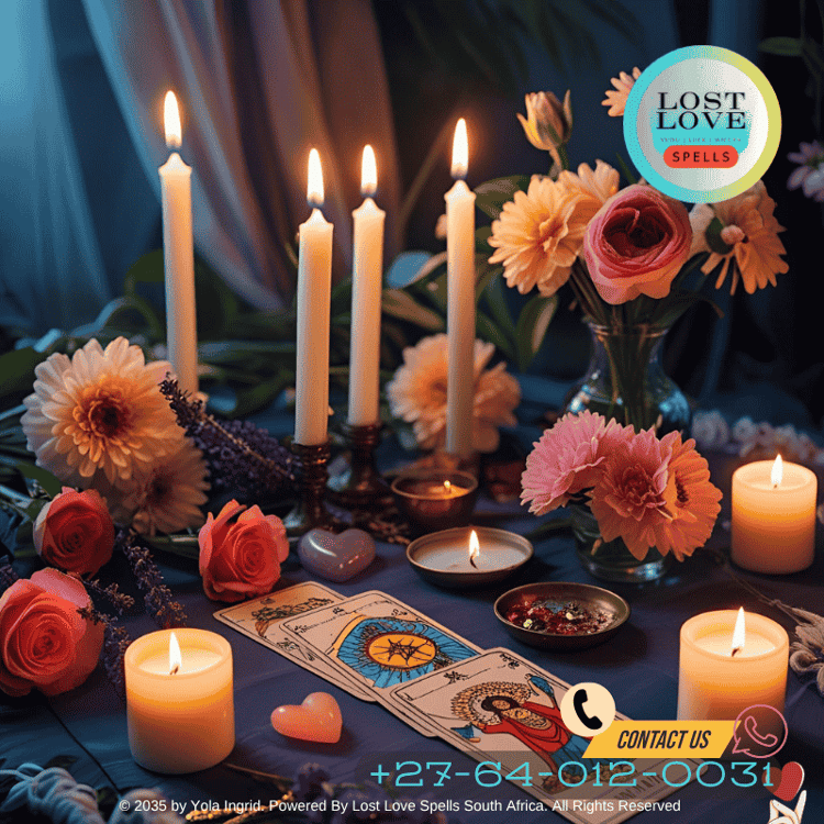 New Age love spell setup with candles, tarot cards, and flowers