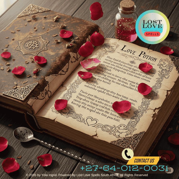 Old spell book open to a love potion recipe with rose petals