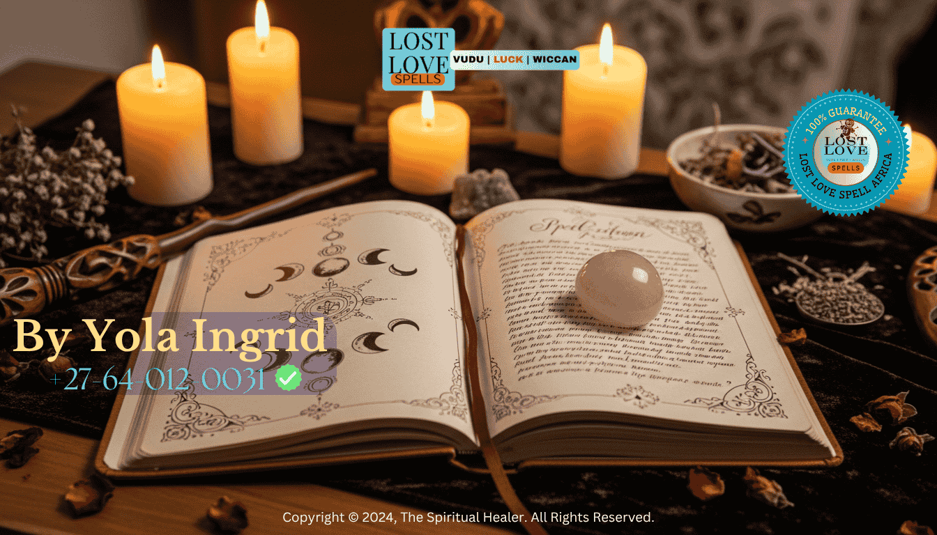 Open spell journal with moon phase tracker and rose quartz on a candle-lit altar