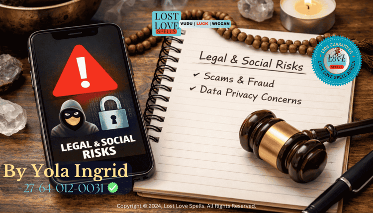 Phone screen with privacy warning icon and notebook, representing legal and social risks like scams and data privacy in spiritual services.