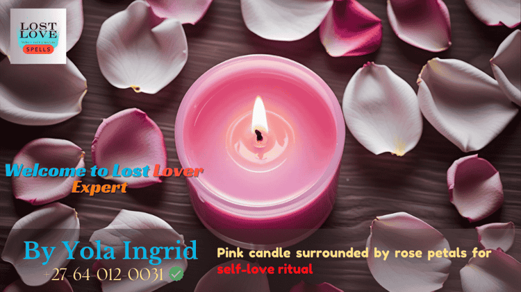 Pink candle surrounded by rose petals for self-love ritual