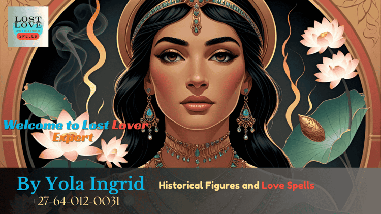 Portrait-style illustration of Cleopatra with incense and lotus flowers symbolizing enchantment