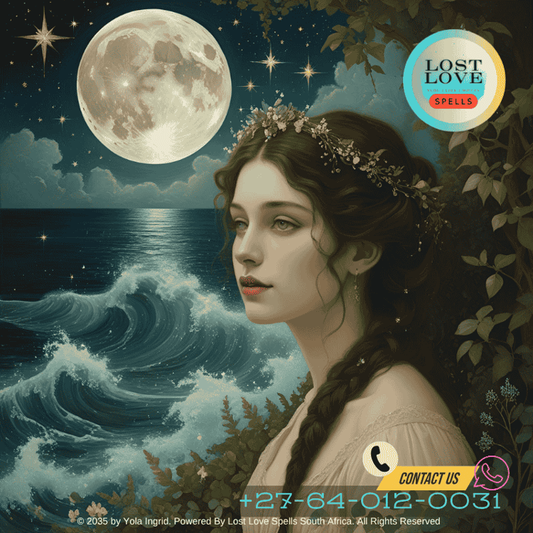 Pre-Raphaelite-inspired artwork of Circe performing a love enchantment beside a moonlit sea