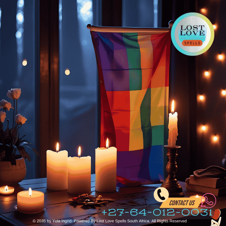 Pride flag beside lit candles for a love spell