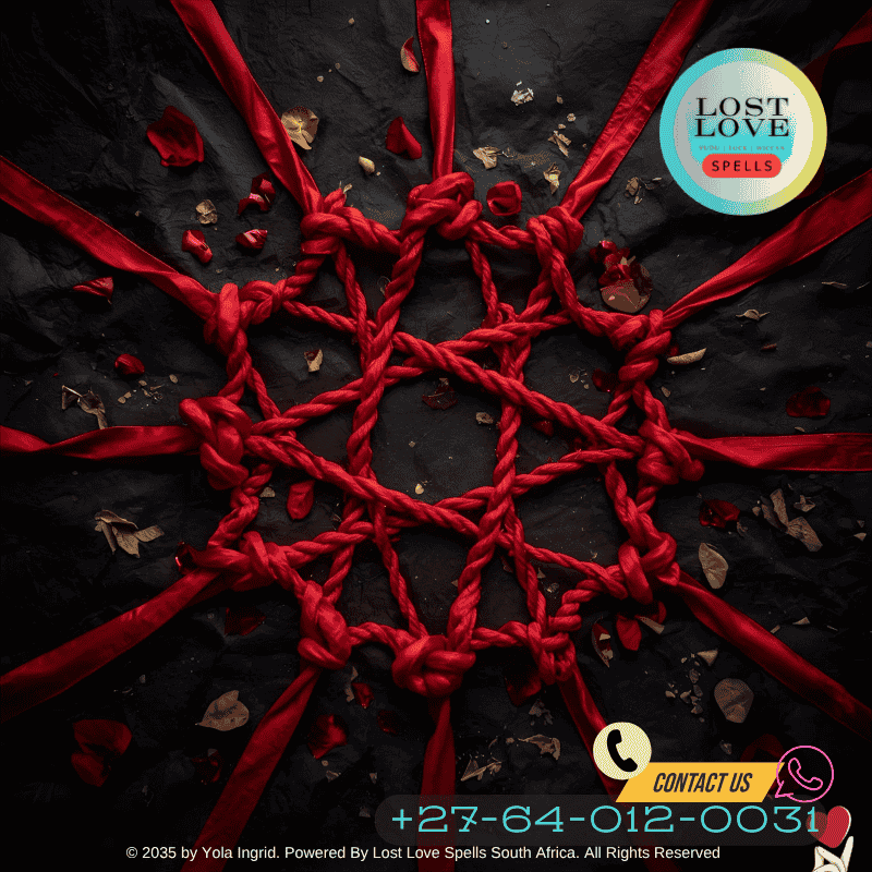 Red ribbon tied into nine knots during a love spell ritual on an altar. (1)