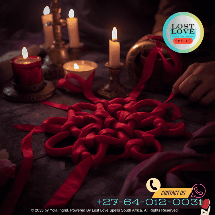 Red ribbon tied into nine knots during a love spell ritual on an altar.