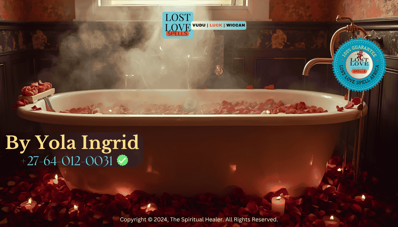 Ritual bath surrounded by rose petals and soft lighting
