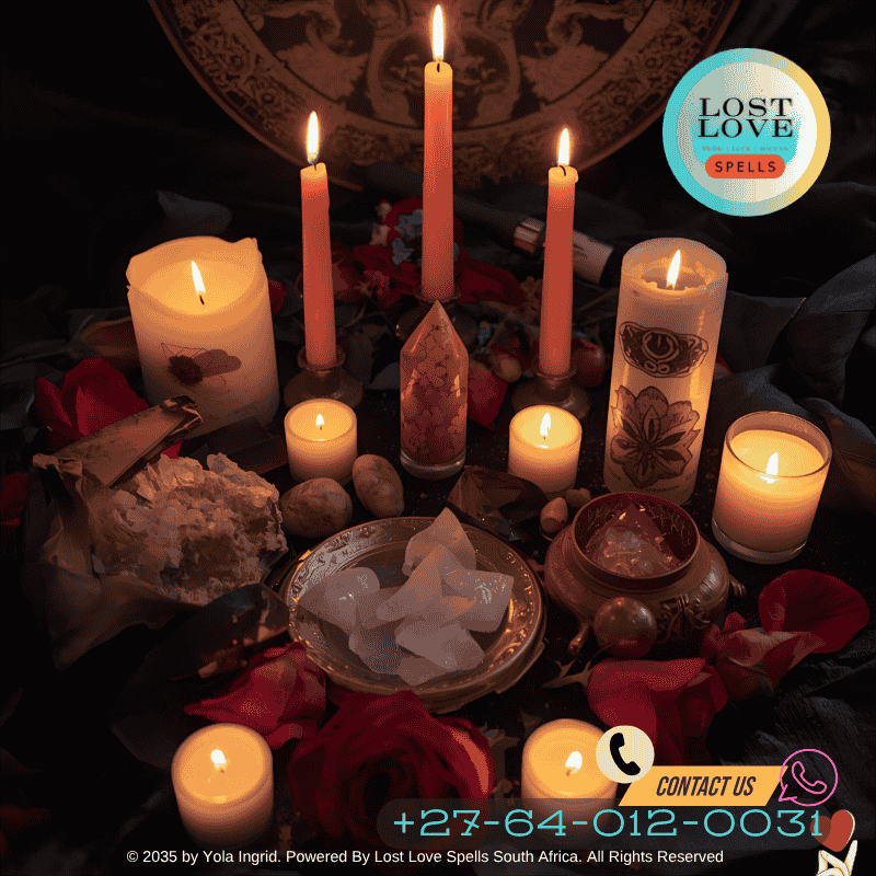 Romantic love spell altar with candles, crystals, and roses in a sacred space. (1)