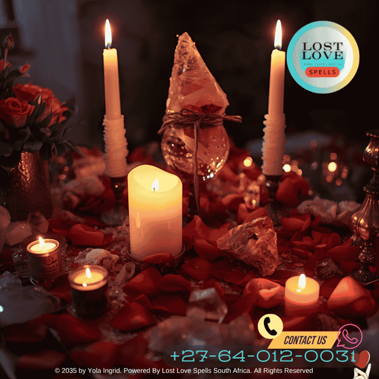 Romantic love spell altar with candles, crystals, and roses in a sacred space.