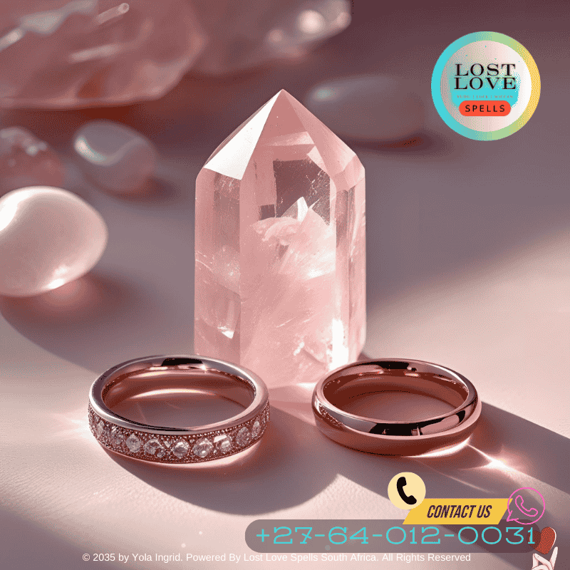 Rose quartz crystal placed between wedding rings for love energy