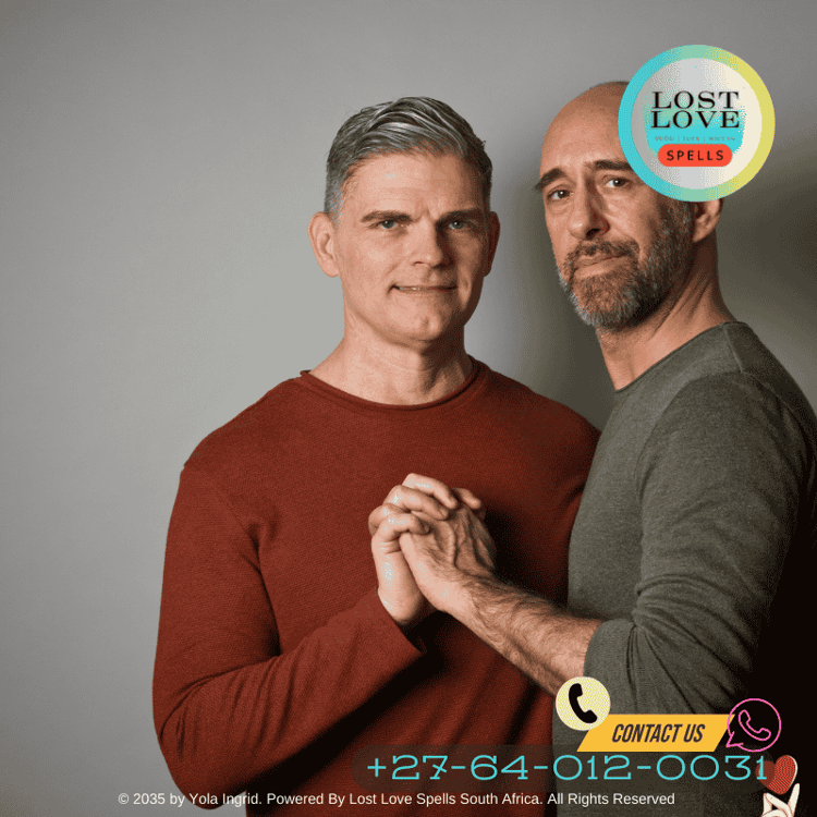 Same-sex couple holding hands during a magical ceremony