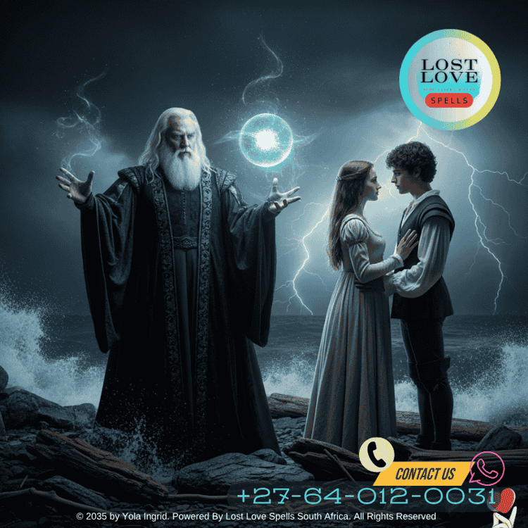 Scene from The Tempest with Prospero casting a spell while Miranda and Ferdinand gaze at each other