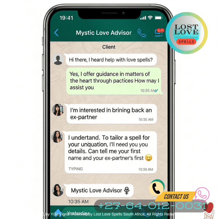 Screenshot-style visual of a WhatsApp chat between a client and a modern love spell advisor