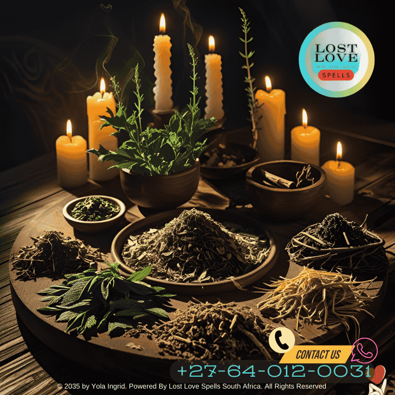 Separation herbs and ritual tools arranged for casting