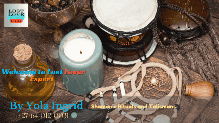 Shaman preparing a love talisman with crystals, feathers, and herbs