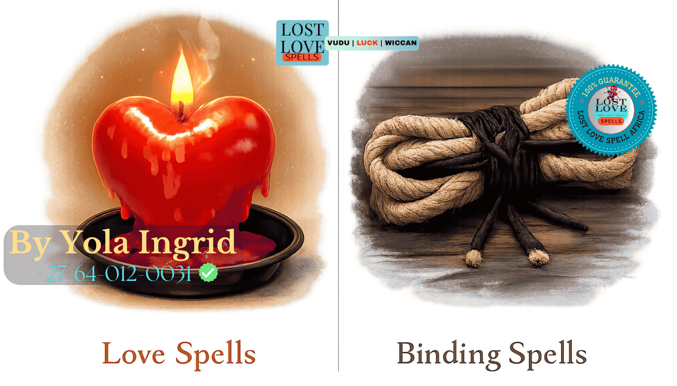 Side-by-side symbols of a heart candle and a tied cord representing quick differences between love spells and binding spells.